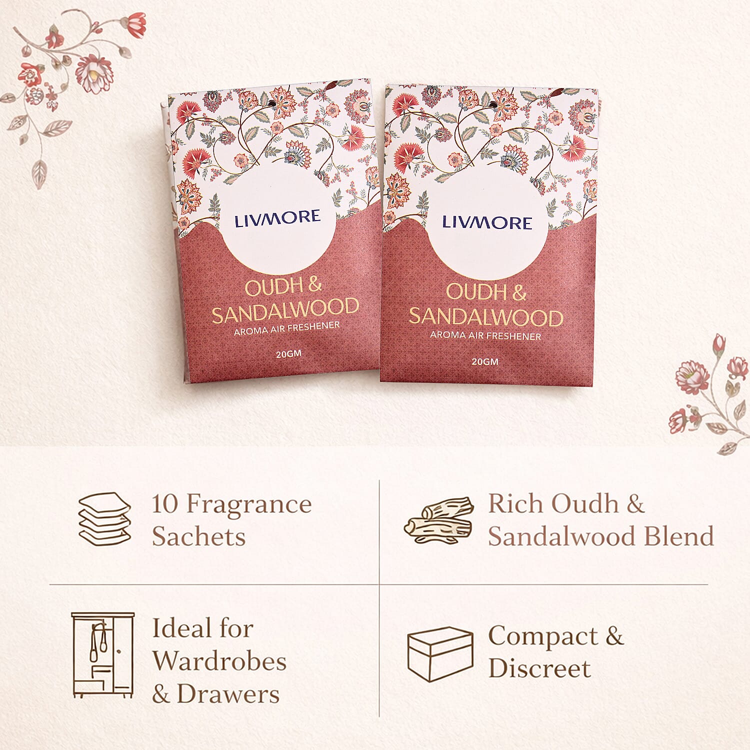 Pack of 20 Livmore Scented Sachets &ndash; Fresh Linen & Oudh & Sandalwood (20g Each)