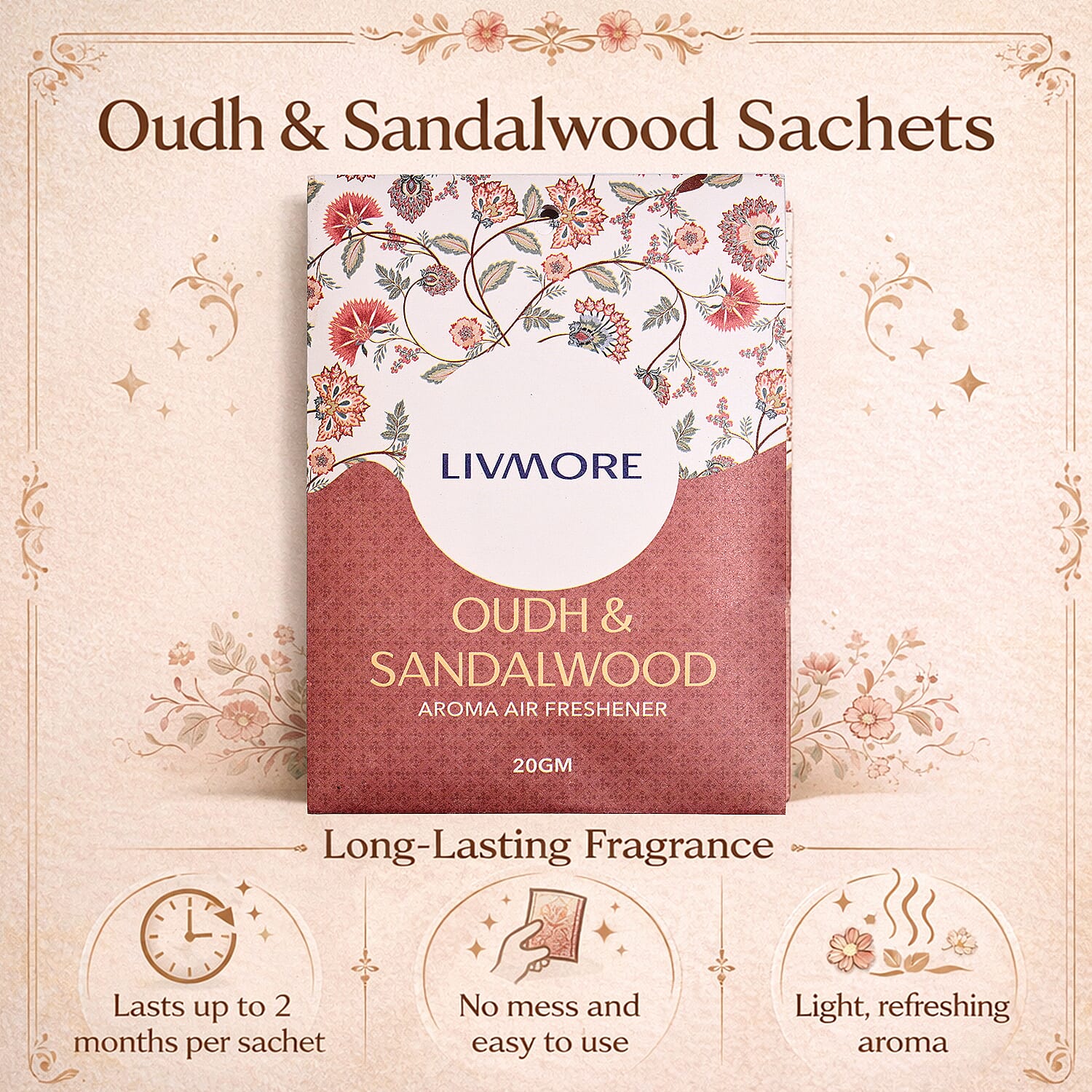 Pack of 20 Livmore Scented Sachets &ndash; Fresh Linen & Oudh & Sandalwood (20g Each)