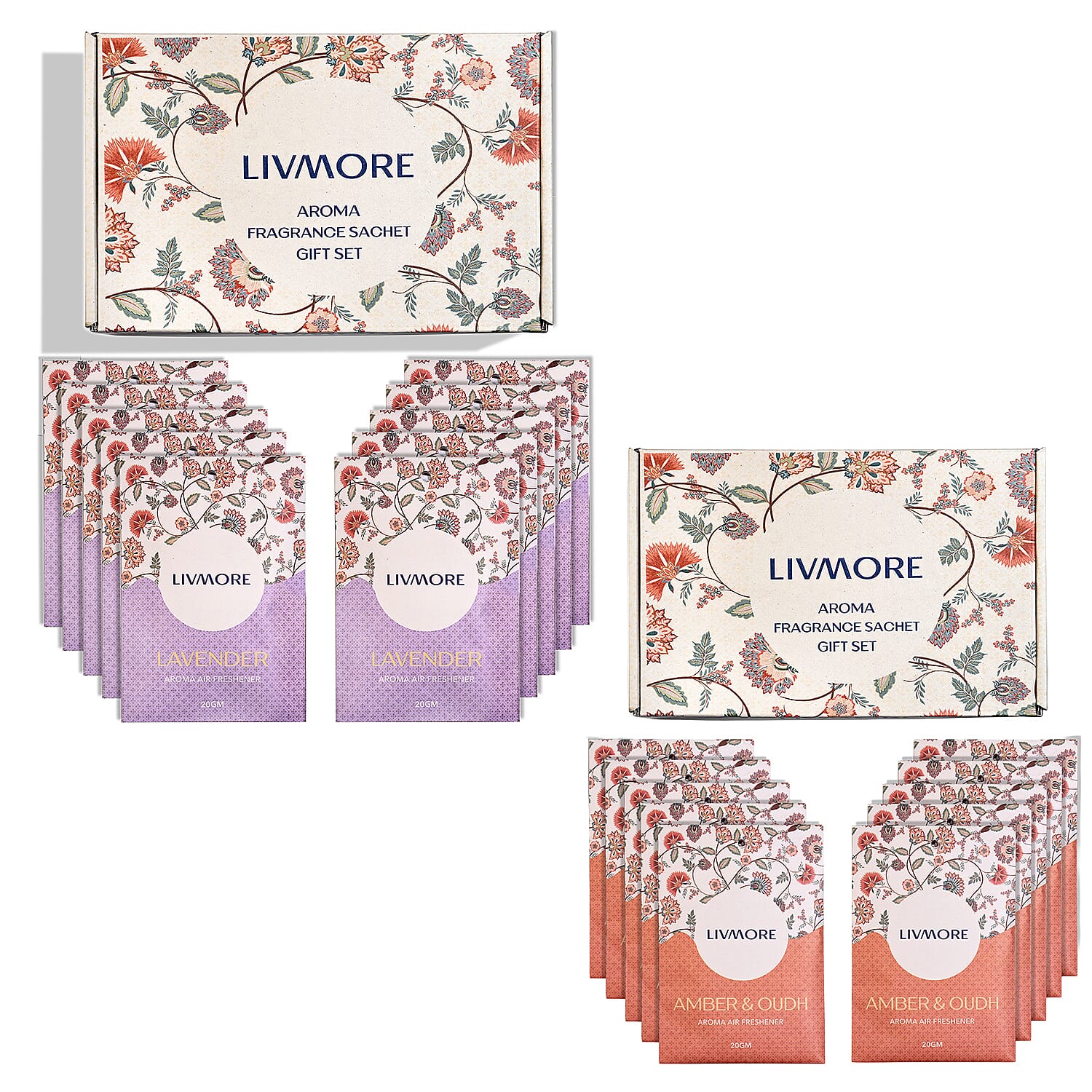 Pack of 20 Livmore Scented Sachets &ndash; Amber & Oudh - Lavender (20g Each)