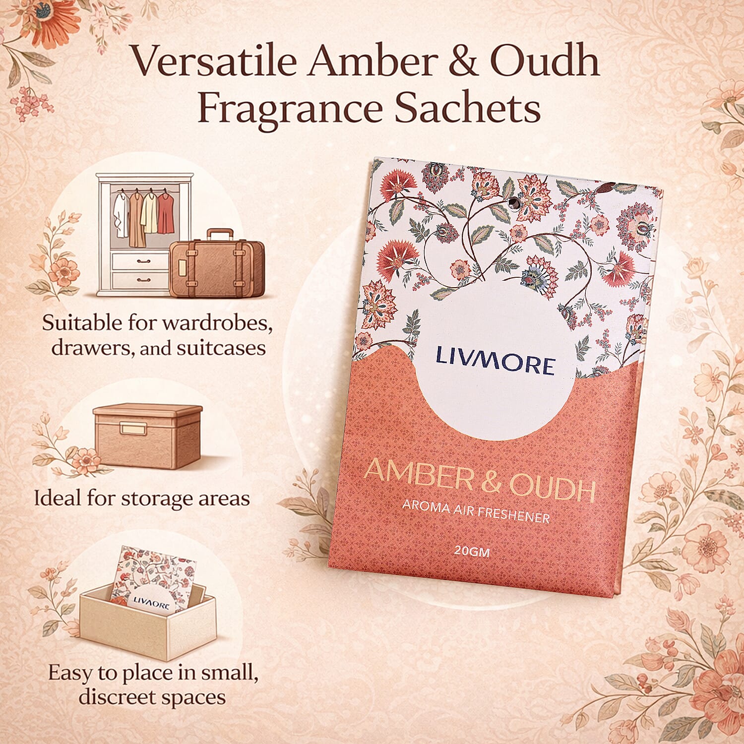 Pack of 20 Livmore Scented Sachets &ndash; Amber & Oudh - Lavender (20g Each)
