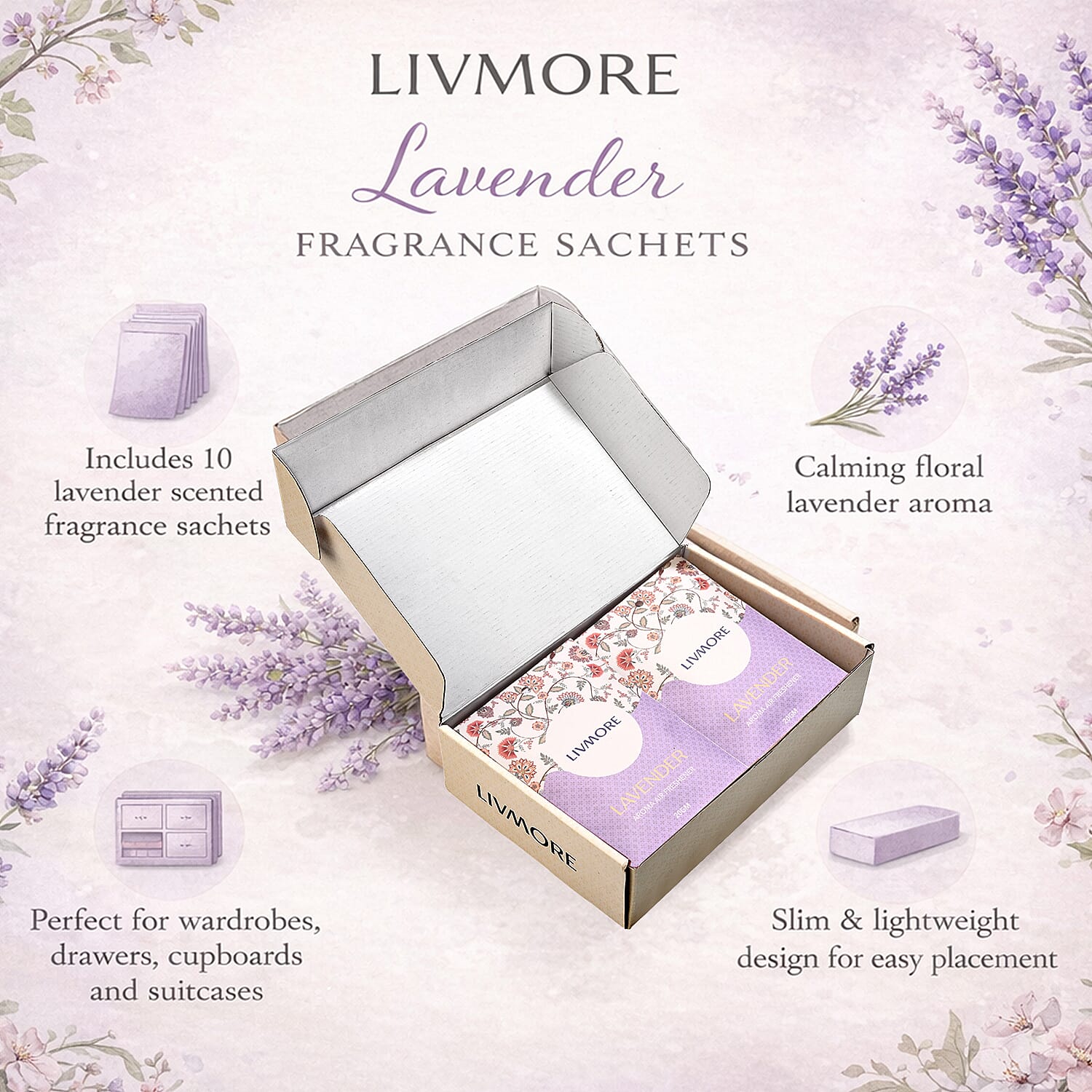 Pack of 20 Livmore Scented Sachets &ndash; Amber & Oudh - Lavender (20g Each)
