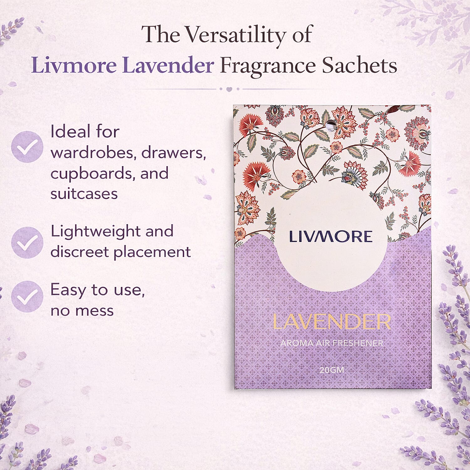 Pack of 20 Livmore Scented Sachets &ndash; Amber & Oudh - Lavender (20g Each)