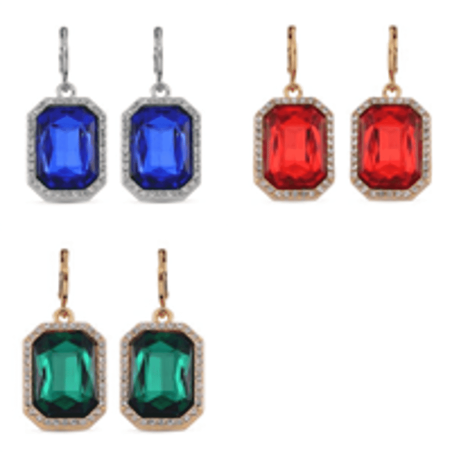 Set of 3 Coloured Glass & White Crystal Hoop Earrings (Red Blue & Green)