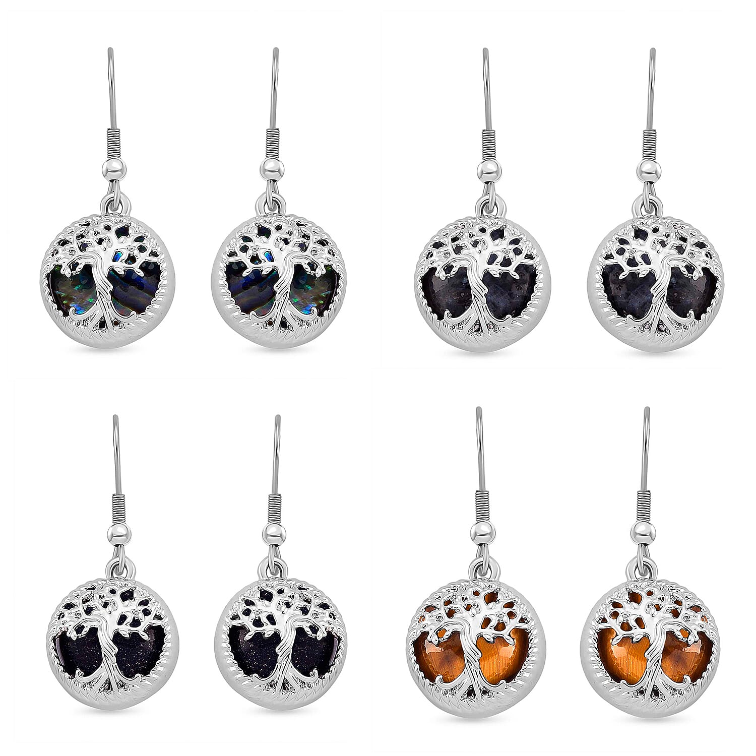 Set of 4 Tree of Life Hook Earrings in Silver Tone &ndash; Abalone Shell, Labradorite, Blue Sandstone & Yellow Tiger&rsquo;s Eye.