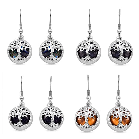 Set of 4 Tree of Life Hook Earrings in Silver Tone &ndash; Abalone Shell, Labradorite, Blue Sandstone & Yellow Tiger&rsquo;s Eye.