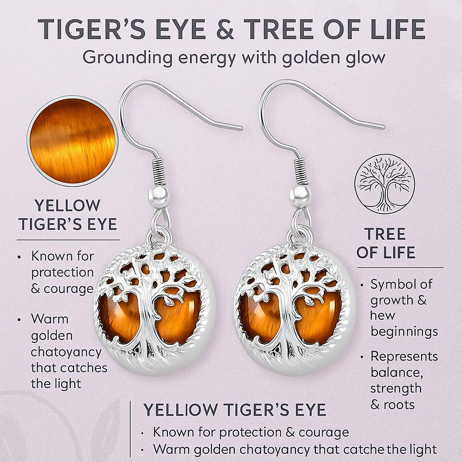 Set of 4 Tree of Life Hook Earrings in Silver Tone &ndash; Abalone Shell, Labradorite, Blue Sandstone & Yellow Tiger&rsquo;s Eye.