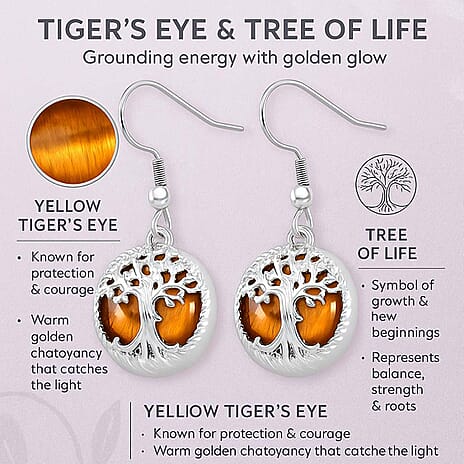 Set of 4 Tree of Life Hook Earrings in Silver Tone &ndash; Abalone Shell, Labradorite, Blue Sandstone & Yellow Tiger&rsquo;s Eye.