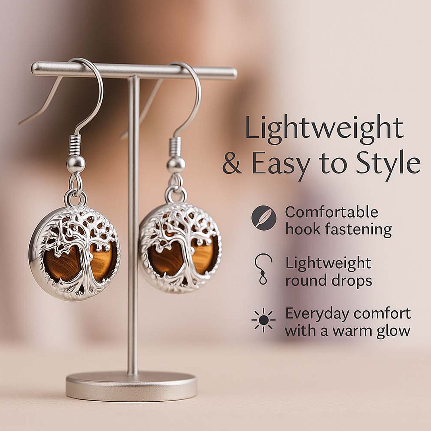 Set of 4 Tree of Life Hook Earrings in Silver Tone &ndash; Abalone Shell, Labradorite, Blue Sandstone & Yellow Tiger&rsquo;s Eye.