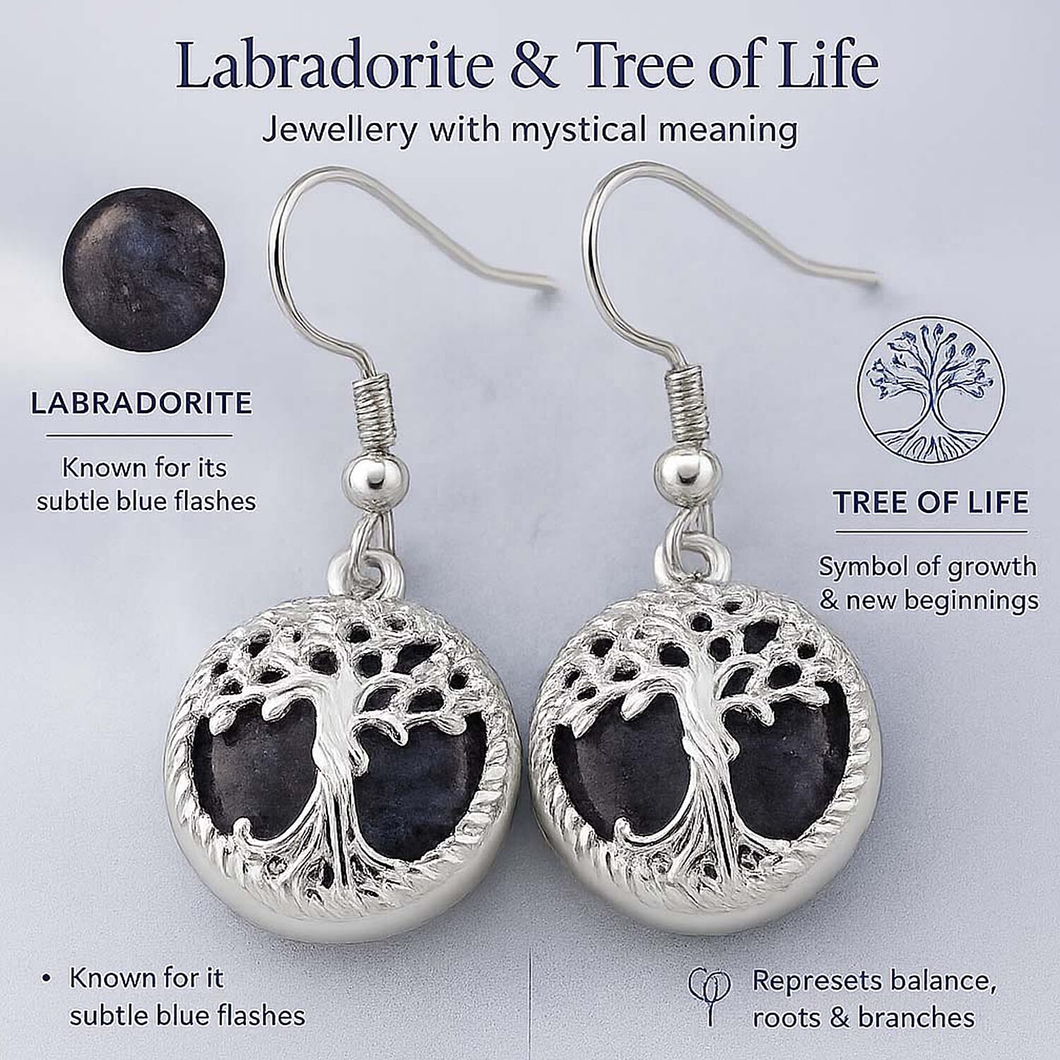Set of 4 Tree of Life Hook Earrings in Silver Tone &ndash; Abalone Shell, Labradorite, Blue Sandstone & Yellow Tiger&rsquo;s Eye.
