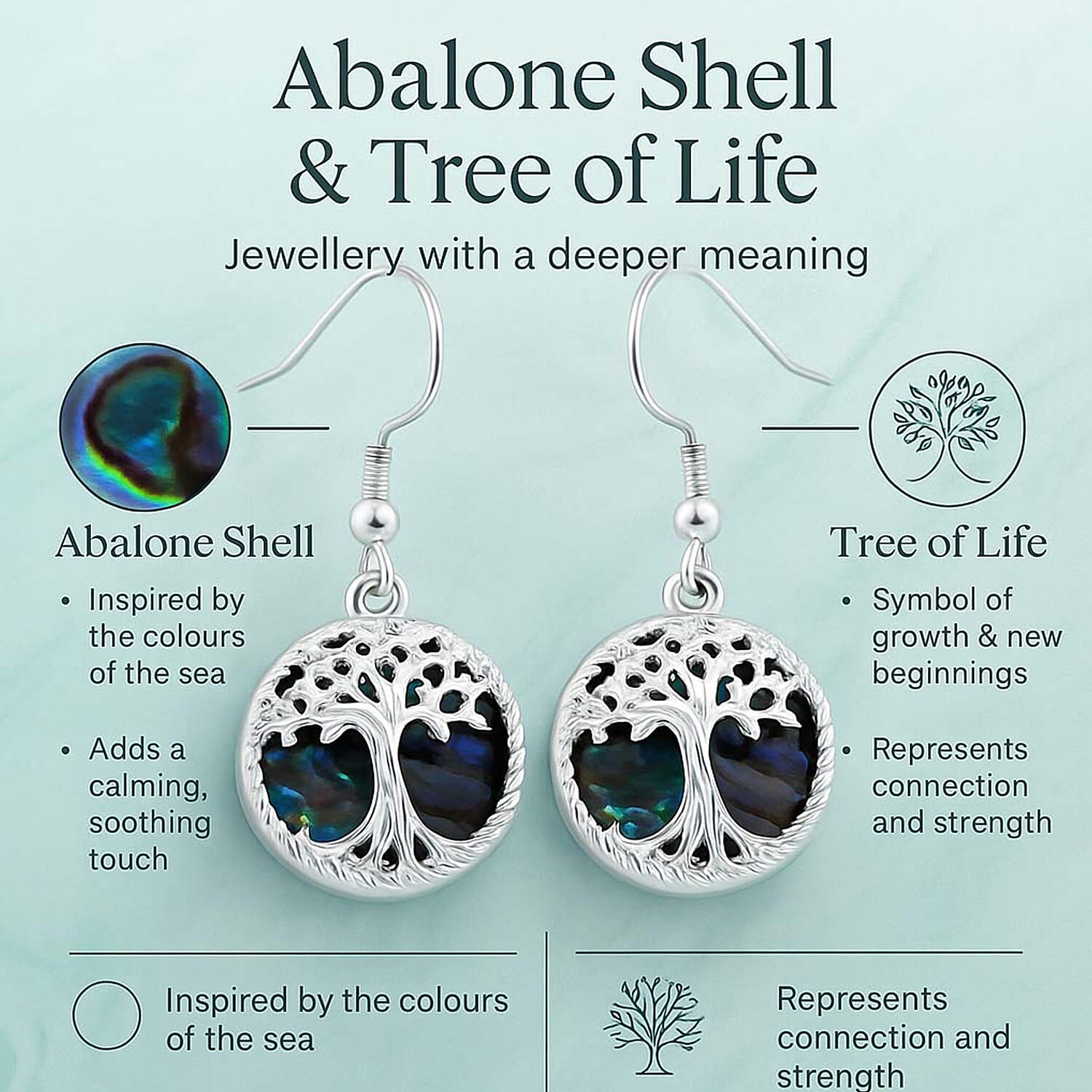 Set of 4 Tree of Life Hook Earrings in Silver Tone &ndash; Abalone Shell, Labradorite, Blue Sandstone & Yellow Tiger&rsquo;s Eye.