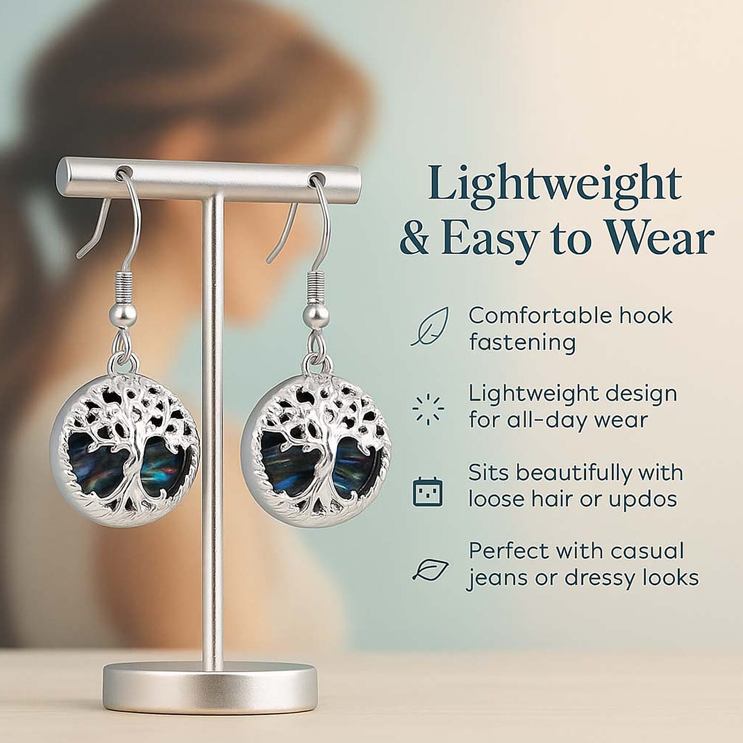 Set of 4 Tree of Life Hook Earrings in Silver Tone &ndash; Abalone Shell, Labradorite, Blue Sandstone & Yellow Tiger&rsquo;s Eye.