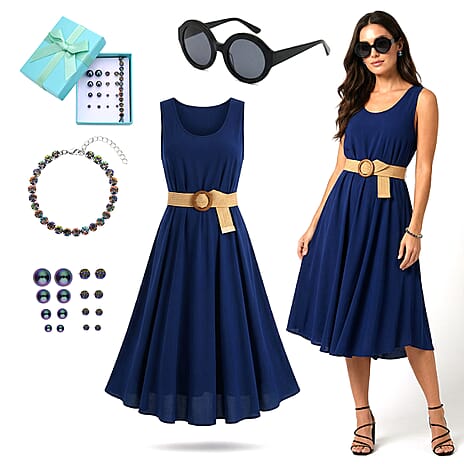 Shop the Look &ndash; Navy Dress, Pearl & Crystal Jewellery Set with Black Sunglasses