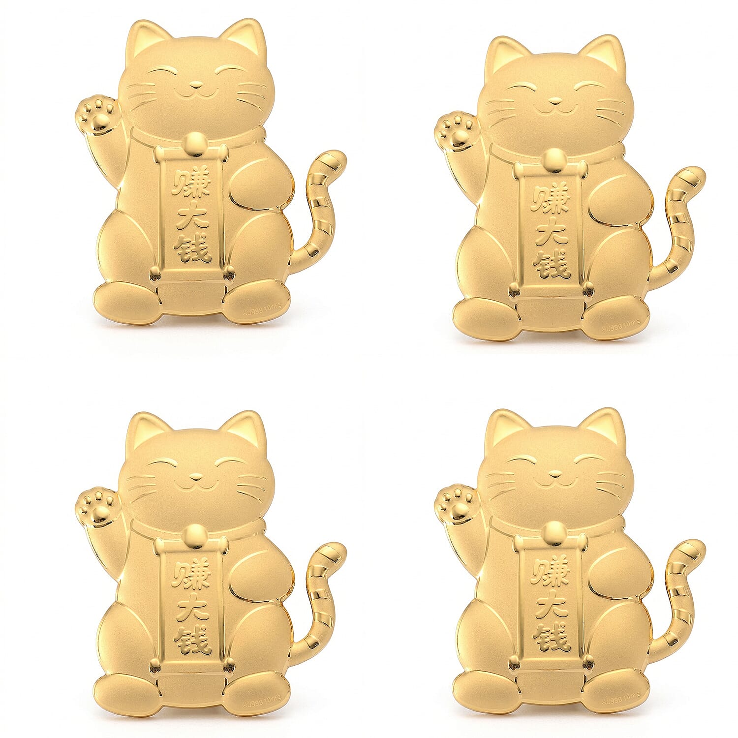 Set of 4 &ndash; 24K Yellow Gold (99.9% Purity) Maneki Neko Lucky Cat Embossed Collectables.