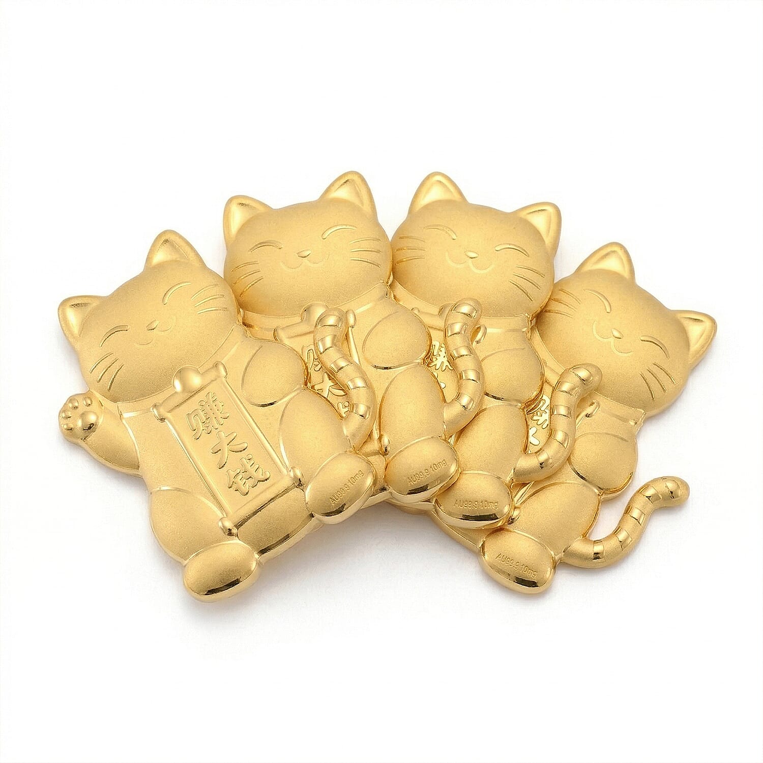 Set of 4 &ndash; 24K Yellow Gold (99.9% Purity) Maneki Neko Lucky Cat Embossed Collectables.
