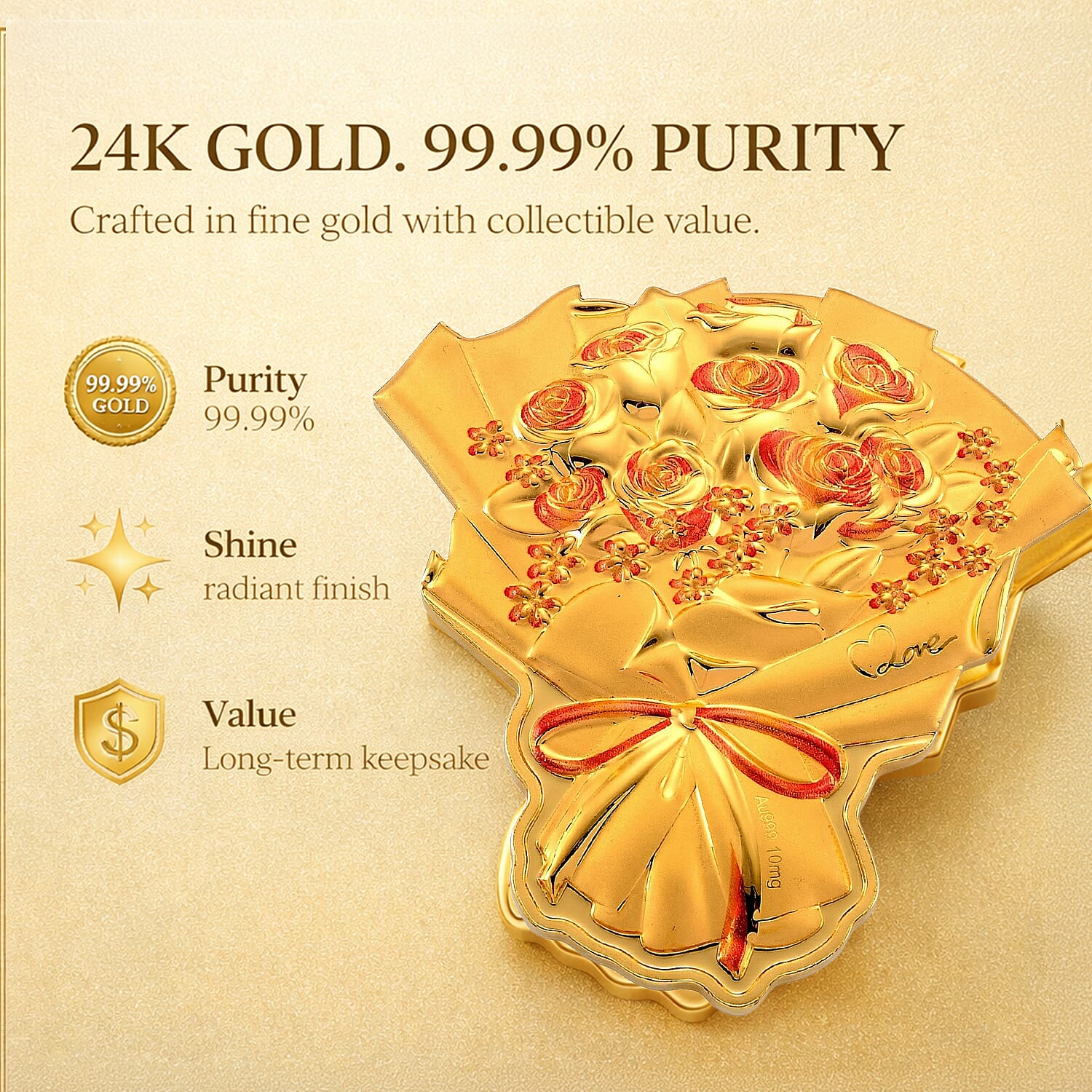 Set of 3 &ndash; 24K Gold (99.9% Purity) Two Tone Luxury Rose Bouquet with Presentation Book &ndash; 10mg Each.