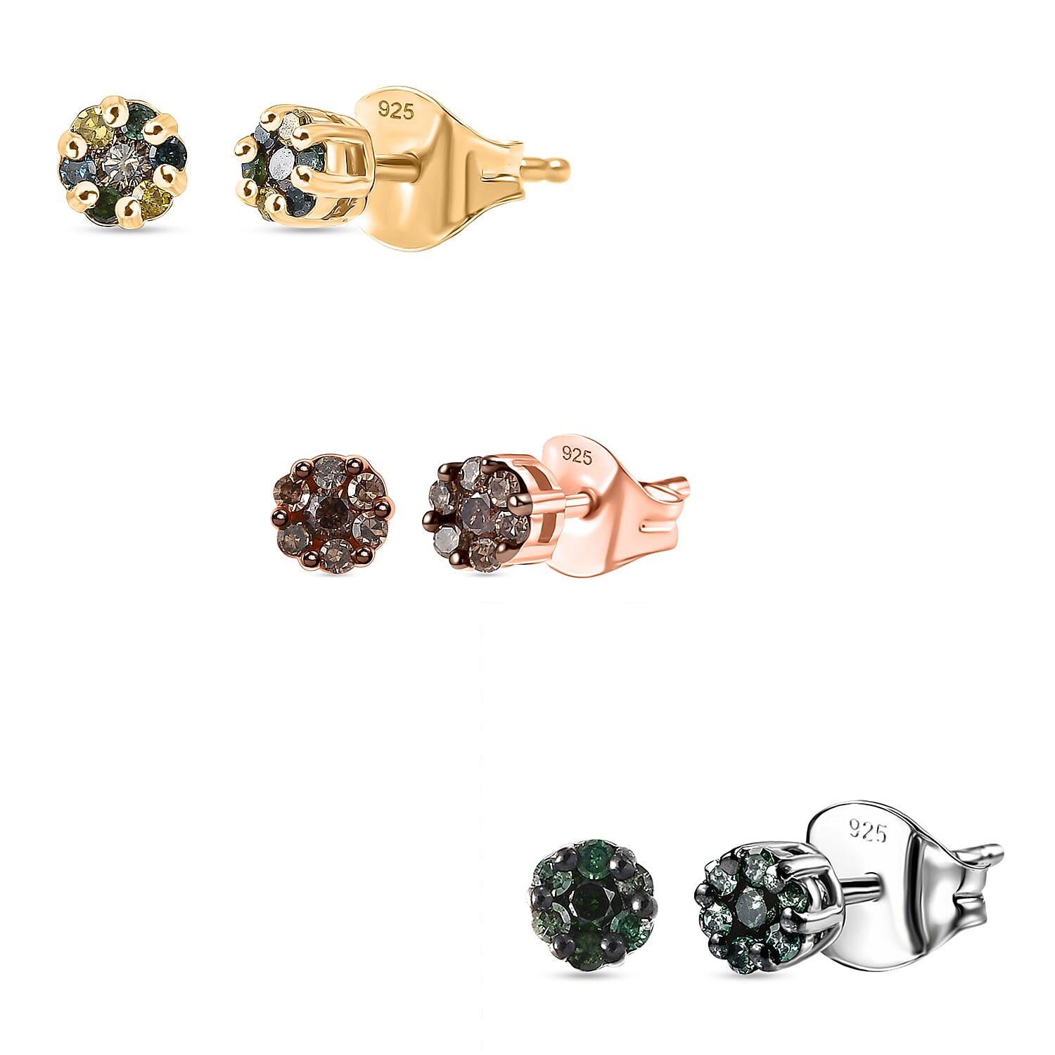 Set of 3 D'Joy Natural Diamond Stud Earrings with Push Back in Sterling Silver &ndash; Champagne, Green & Multi-Colour Diamonds.