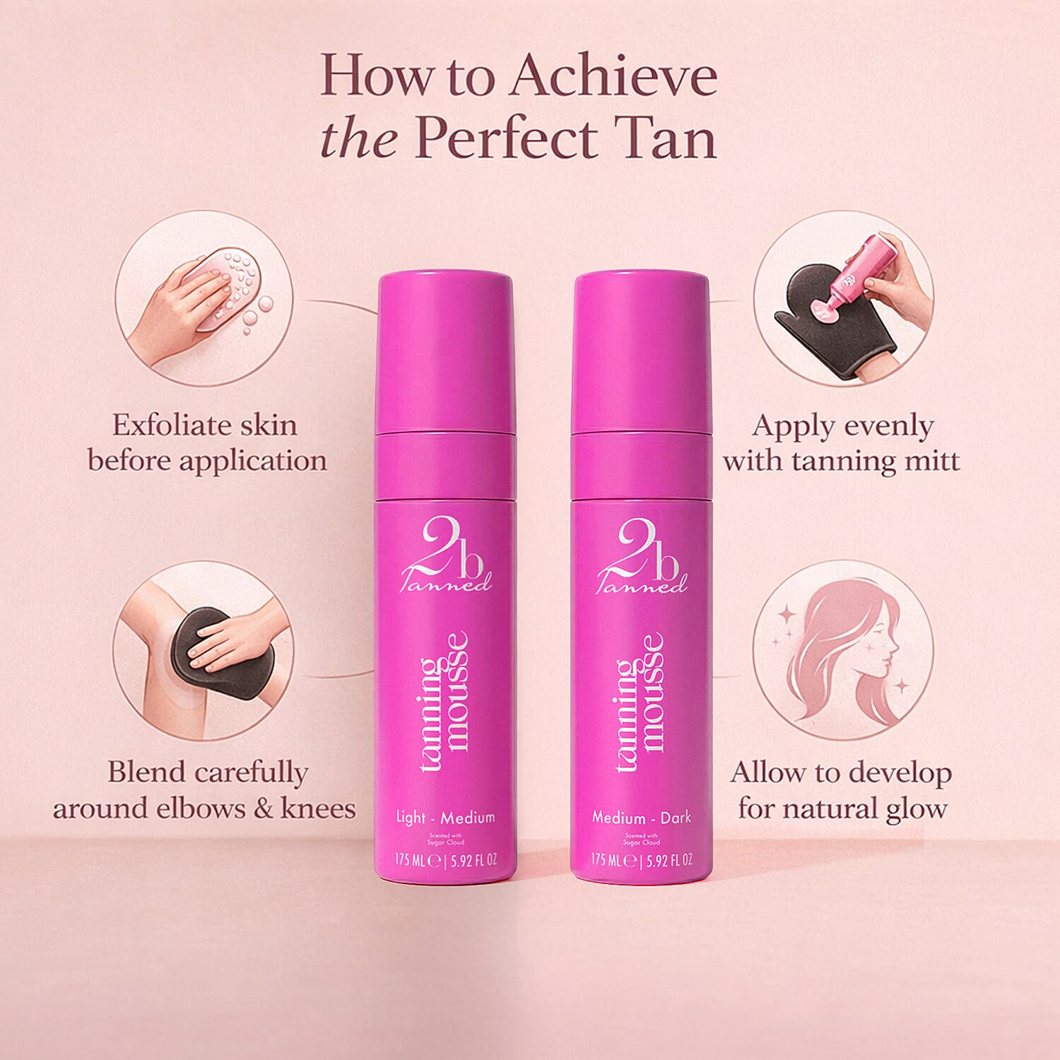 Set of 2 2bTanned Self Tanning Mousse &ndash; Light to Medium & Medium to Dark (175ml Each).