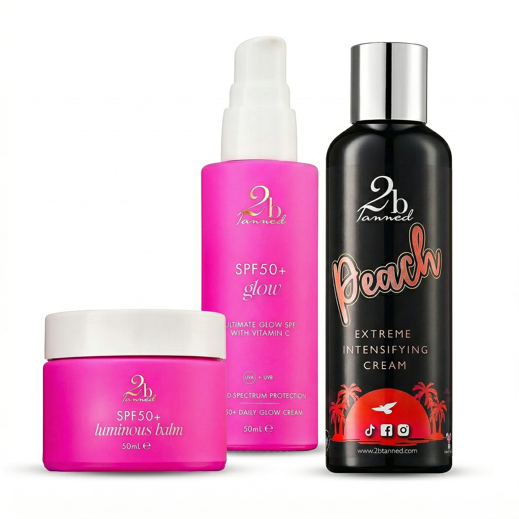 Set of 3 2bTanned &ndash; Extreme Intensifying Cream Peach (200ml), SPF50 Glow (50ml) & SPF50 Luminous Balm (50ml).