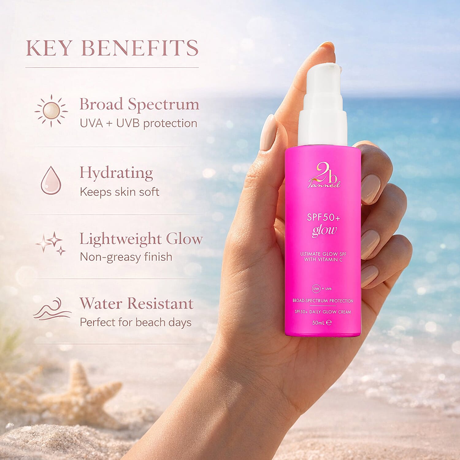 Set of 3 2bTanned &ndash; Extreme Intensifying Cream Peach (200ml), SPF50 Glow (50ml) & SPF50 Luminous Balm (50ml).