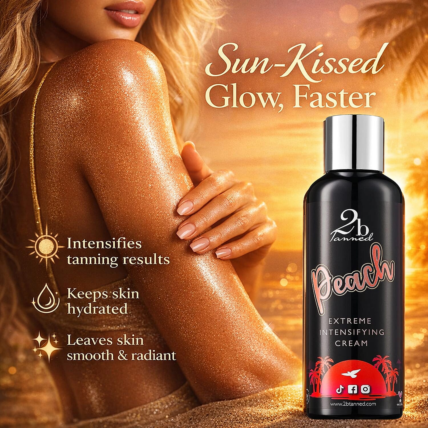 Set of 3 2bTanned &ndash; Extreme Intensifying Cream Peach (200ml), SPF50 Glow (50ml) & SPF50 Luminous Balm (50ml).