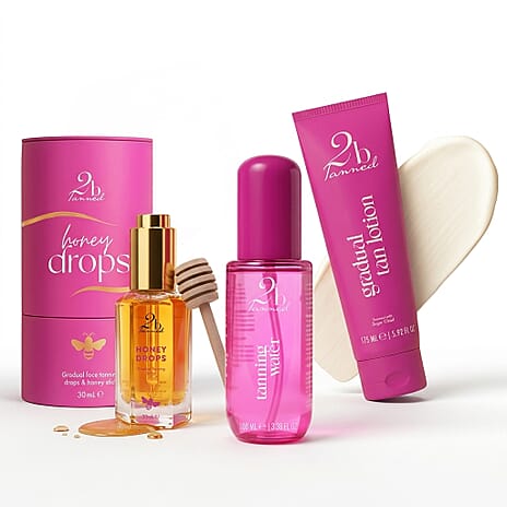 Set of 3 2bTanned &ndash; Gradual Tanning Lotion (175ml), Self Tanning Water (100ml) & Honey Drops for Self Tanning (50ml).