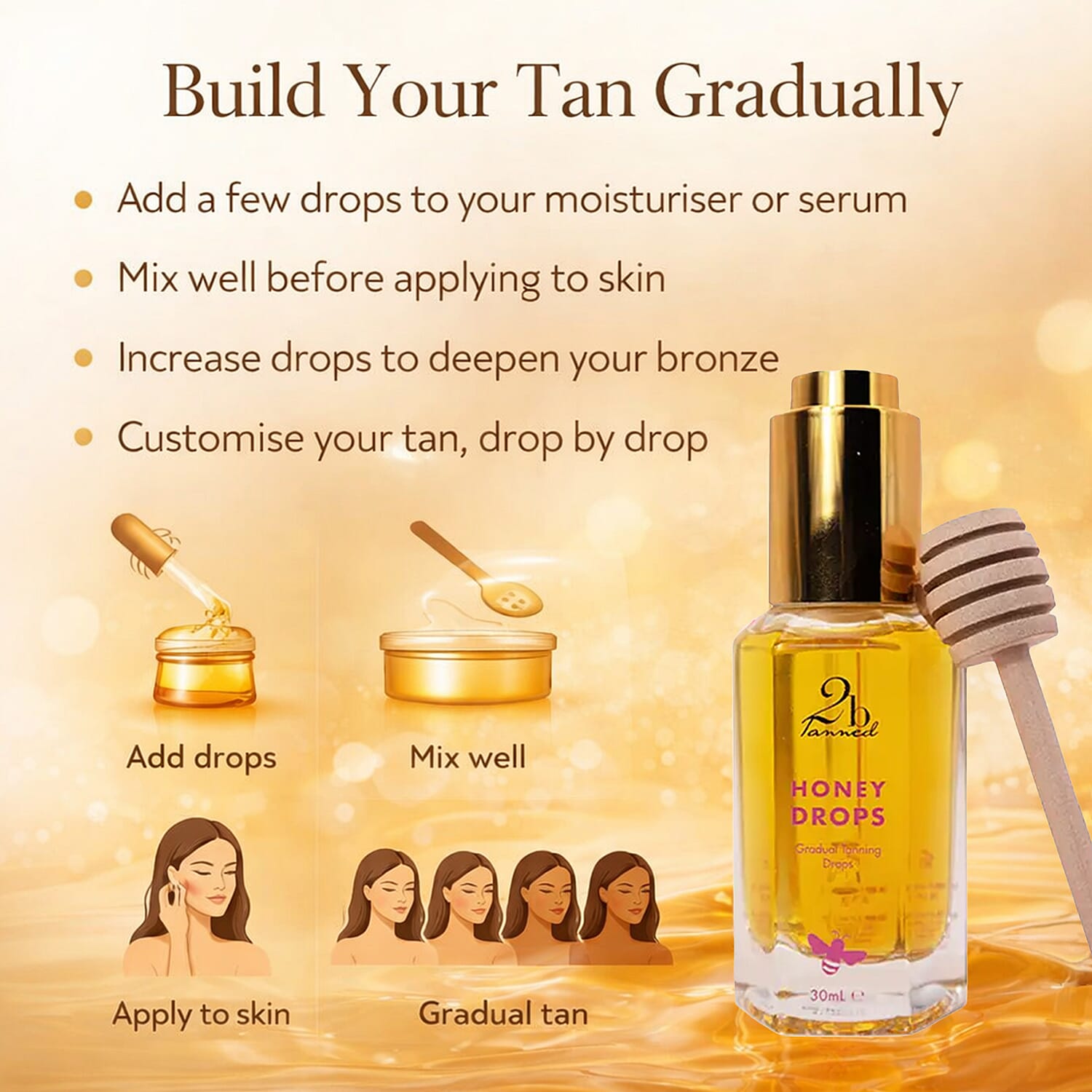 Set of 3 2bTanned &ndash; Gradual Tanning Lotion (175ml), Self Tanning Water (100ml) & Honey Drops for Self Tanning (50ml).