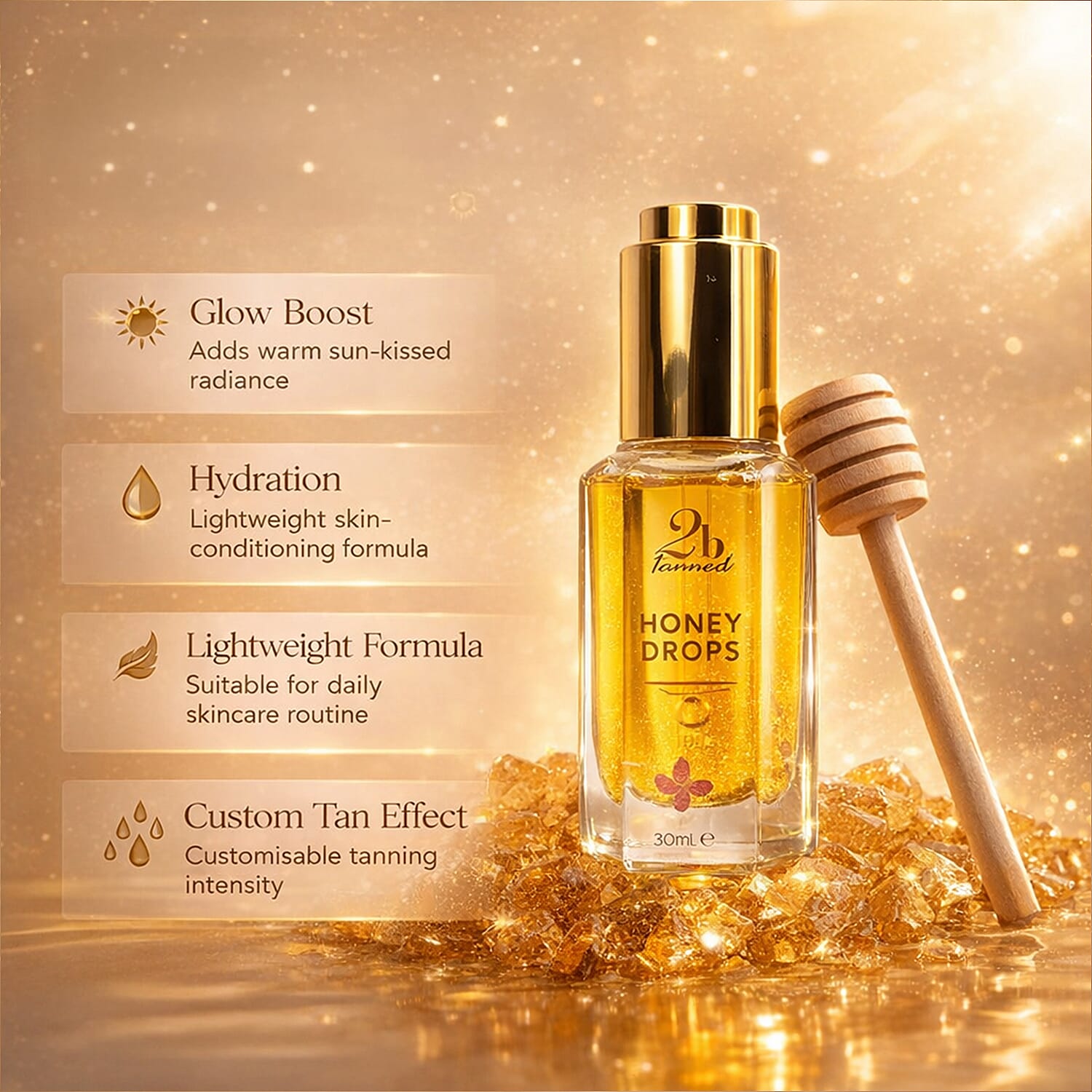 Set of 3 2bTanned &ndash; Gradual Tanning Lotion (175ml), Self Tanning Water (100ml) & Honey Drops for Self Tanning (50ml).