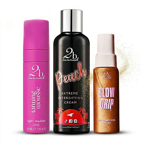 Set of 3 2bTanned &ndash; Self Tanning Mousse Light to Medium (175ml), Glow Drip 24K Gold (100ml) & Extreme Intensifying Cream Peach (200ml).