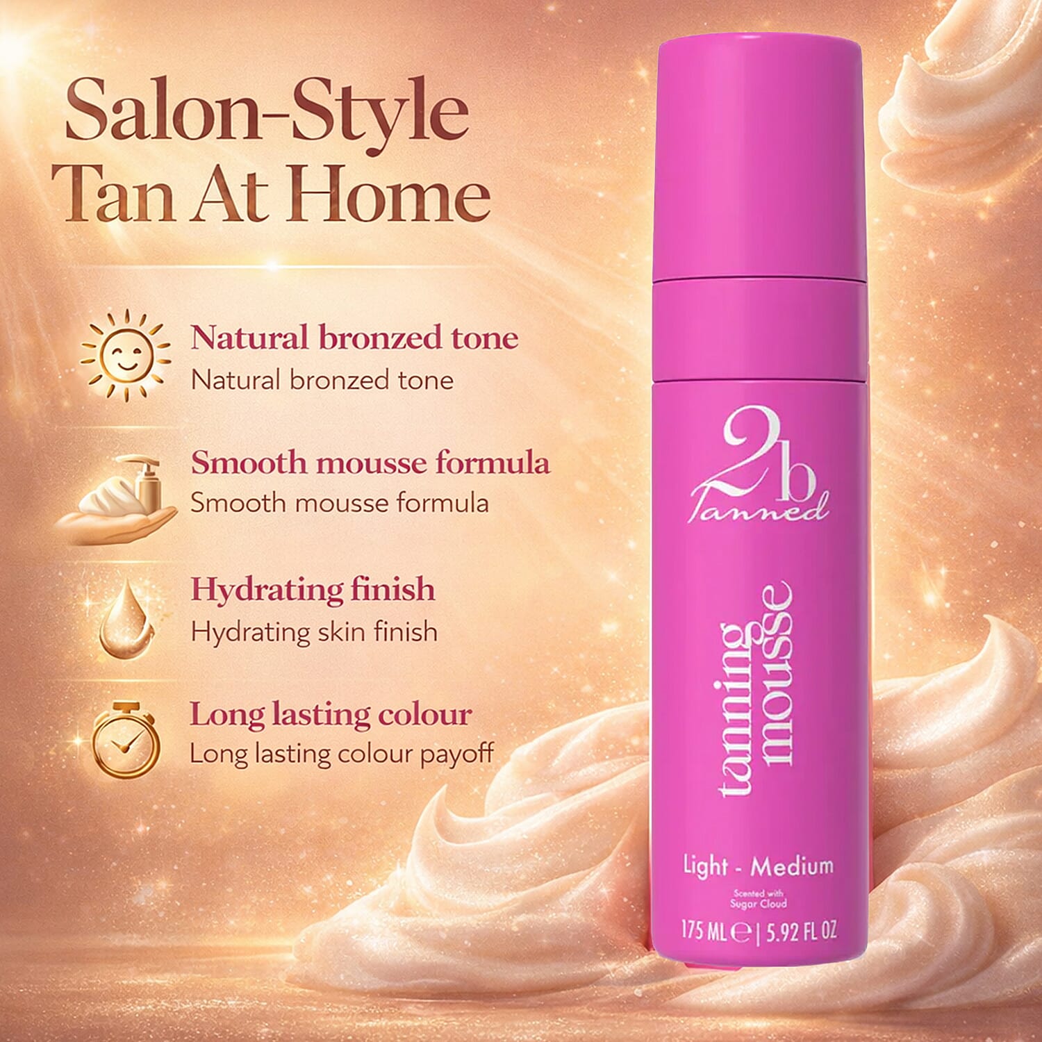 Set of 3 2bTanned &ndash; Self Tanning Mousse Light to Medium (175ml), Glow Drip 24K Gold (100ml) & Extreme Intensifying Cream Peach (200ml).