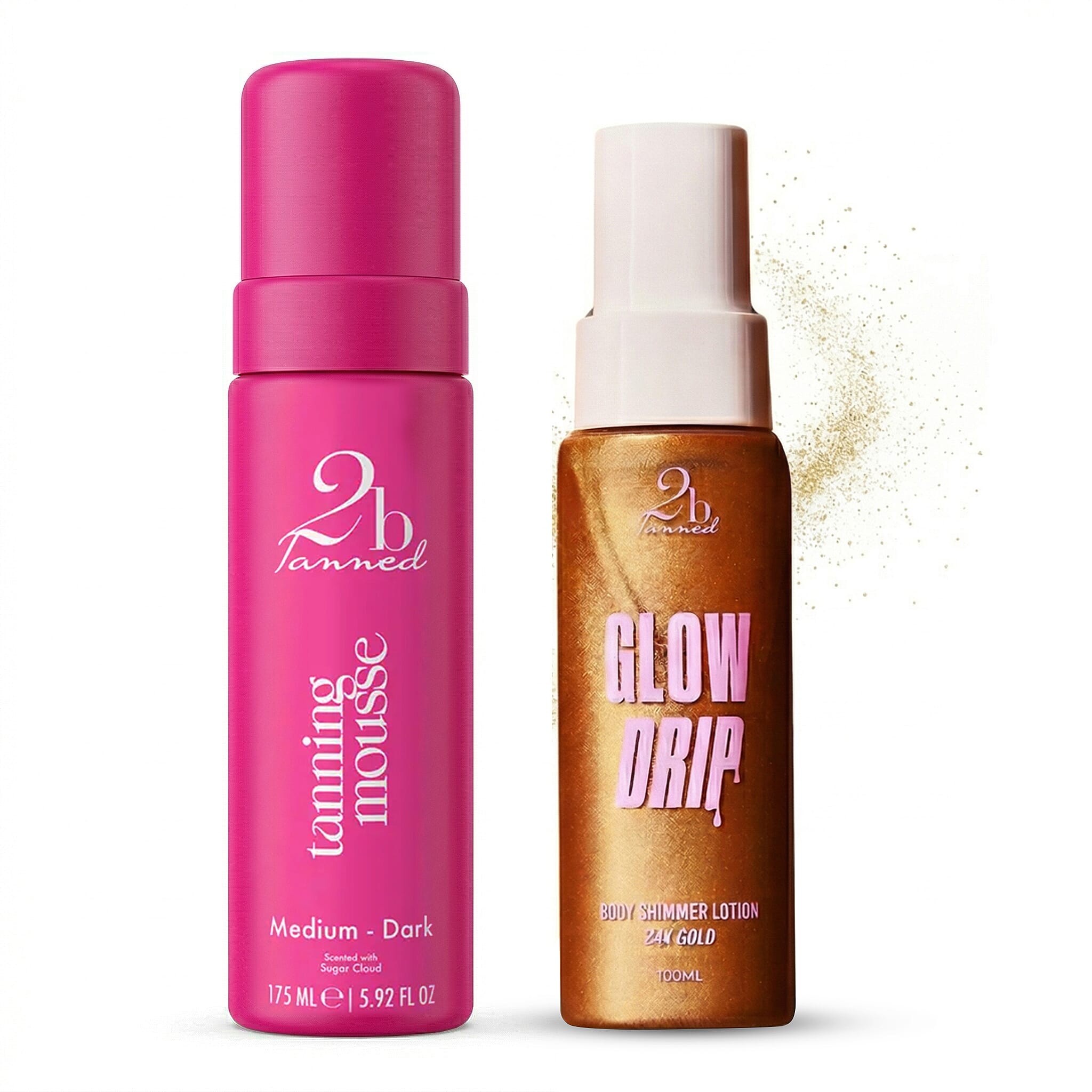 Set of 2 2bTanned &ndash; Self Tanning Mousse Medium to Dark (175ml) & Glow Drip 24K Gold (100ml).