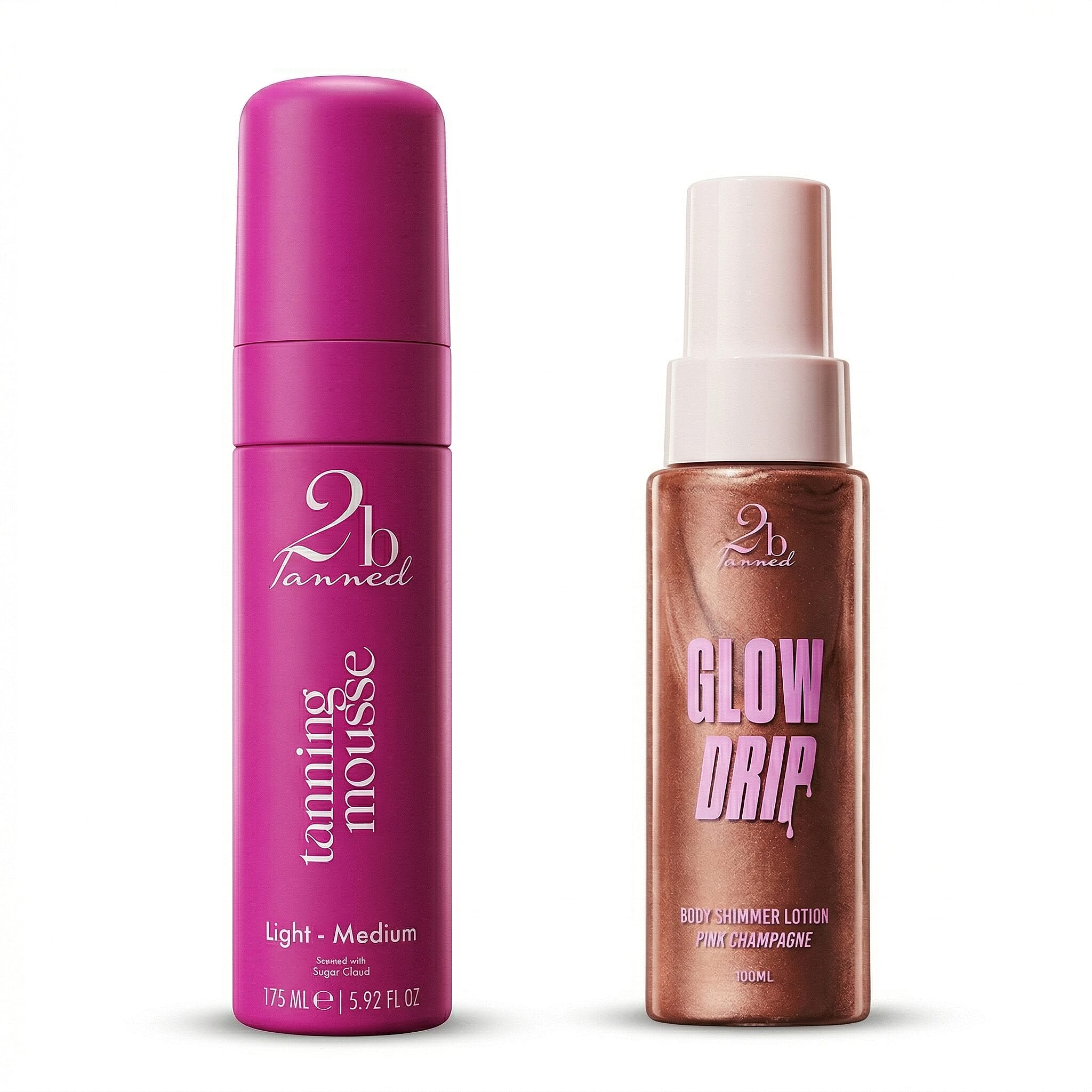 Set of 2 2bTanned &ndash; Self Tanning Mousse Light to Medium (175ml) & Glow Drip Pink Champagne (100ml).