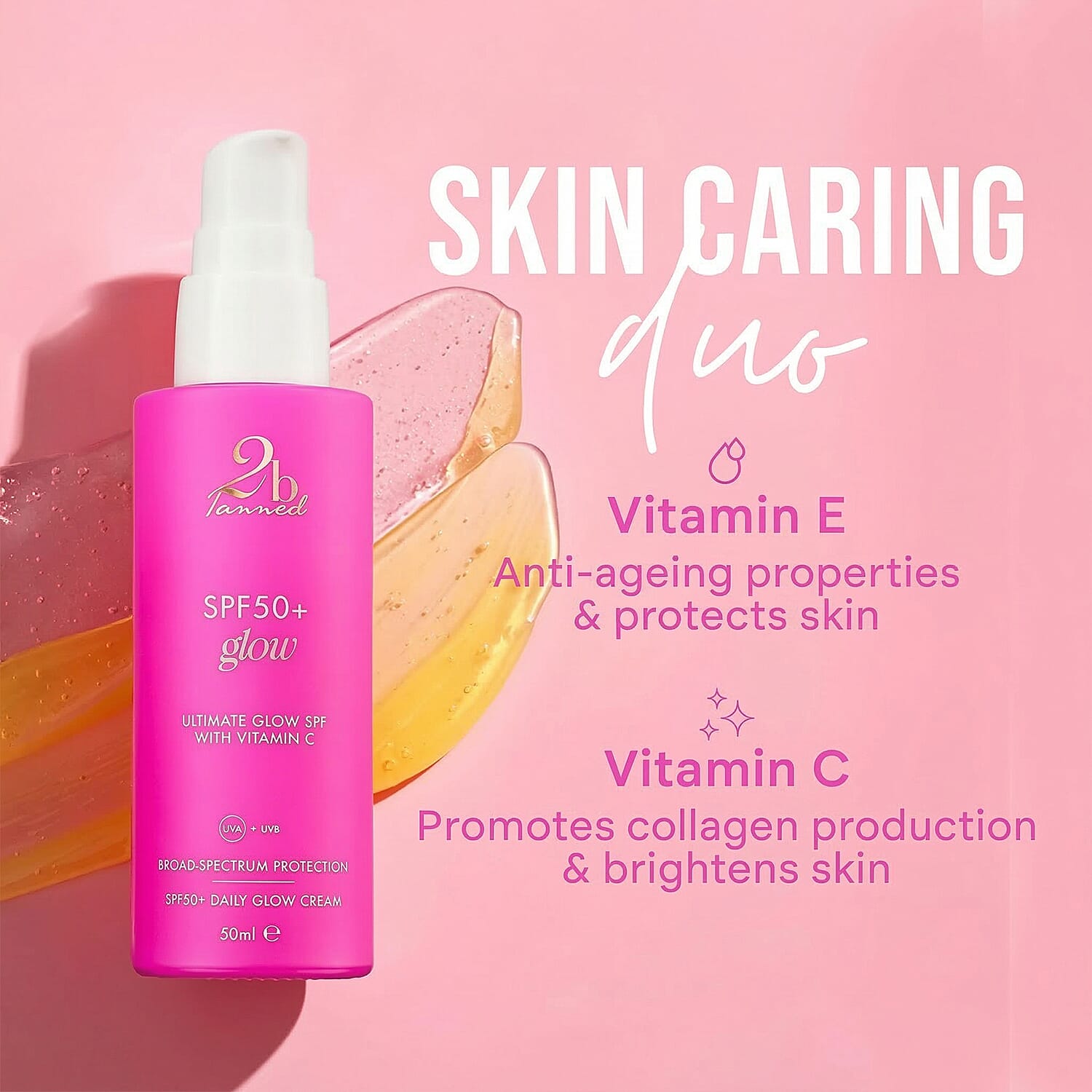 Set of 2 2bTanned &ndash; Extreme Intensifying Cream Peach (200ml) & SPF50 Glow (50ml).