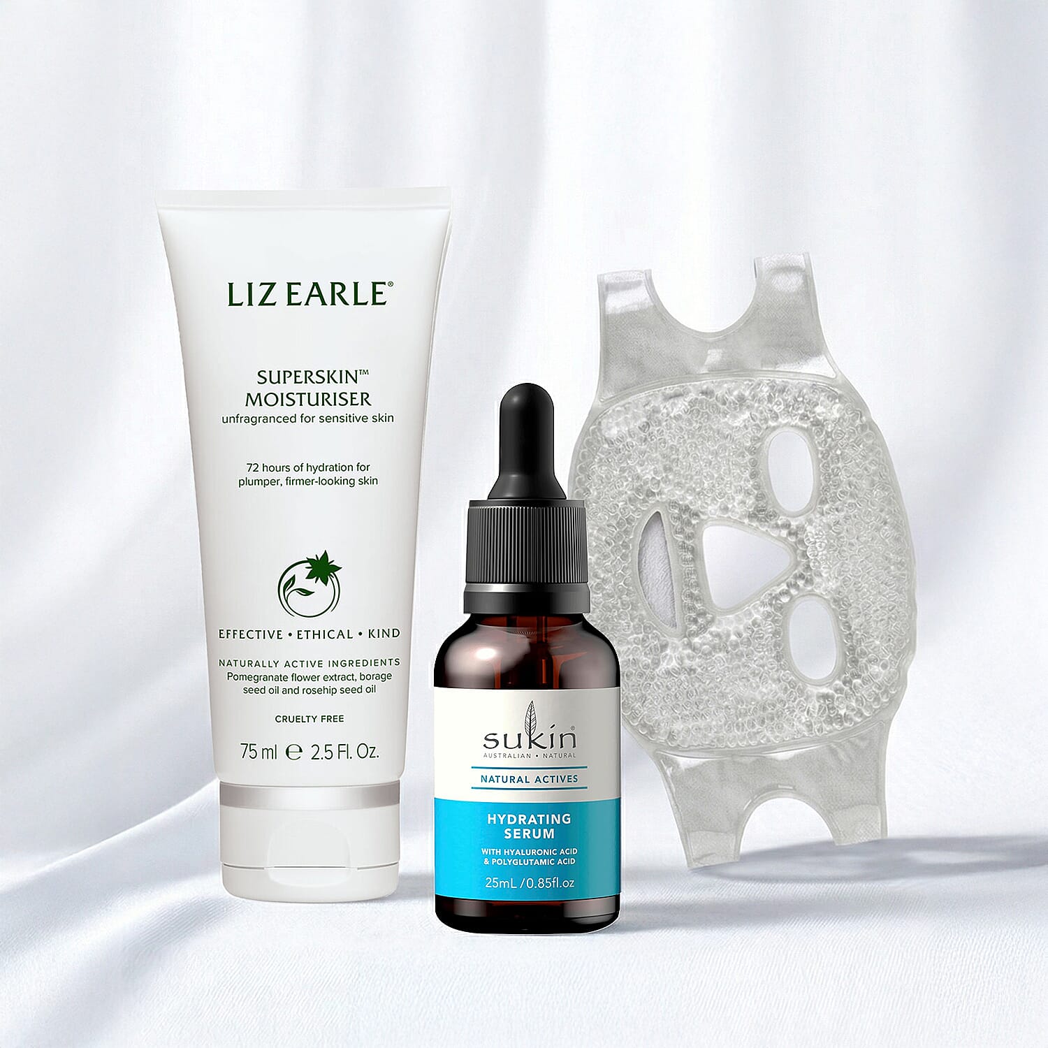 Set of 4- Everyday Glow Kit (Incl. Sukin Hydrating Serum, Liz Earle Moisturiser Superskin & Hot and Cold Therapy Face Mask and Eye Pad Set)