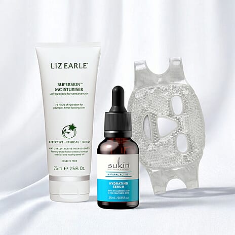 Set of 3- Everyday Glow Kit (Incl. Sukin Hydrating Serum, Liz Earle Moisturiser Superskin & Hot and Cold Therapy Face Mask and Eye Pad Set)