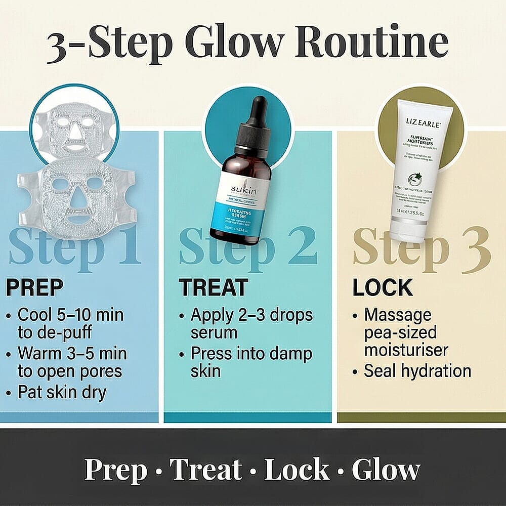 Set of 4- Everyday Glow Kit (Incl. Sukin Hydrating Serum, Liz Earle Moisturiser Superskin & Hot and Cold Therapy Face Mask and Eye Pad Set)