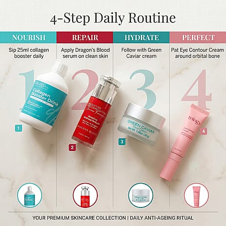 Set of 4- Anti-Ageing Beauty Bundle (Incl. Doctors Formula: Sensitive Redness Reducer, Collagen Booster Drink, Green Caviar Face Cream & Trilogy Eye Contour Cream)