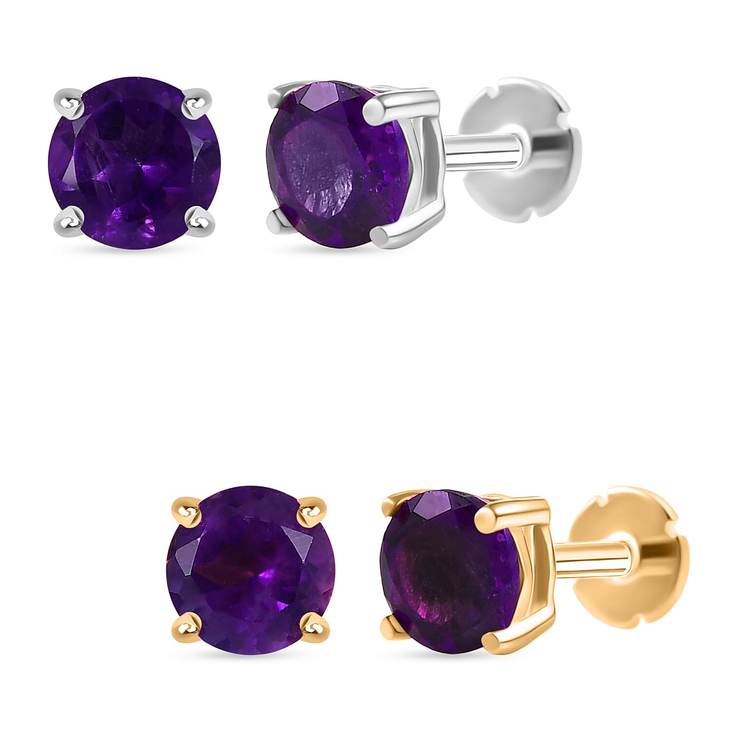 Poke Free Amethyst February Birthstone Solitaire Stud Earrings Bundle in 18K Vermeil Yellow Gold Plated & Rhodium Overlay Sterling Silver