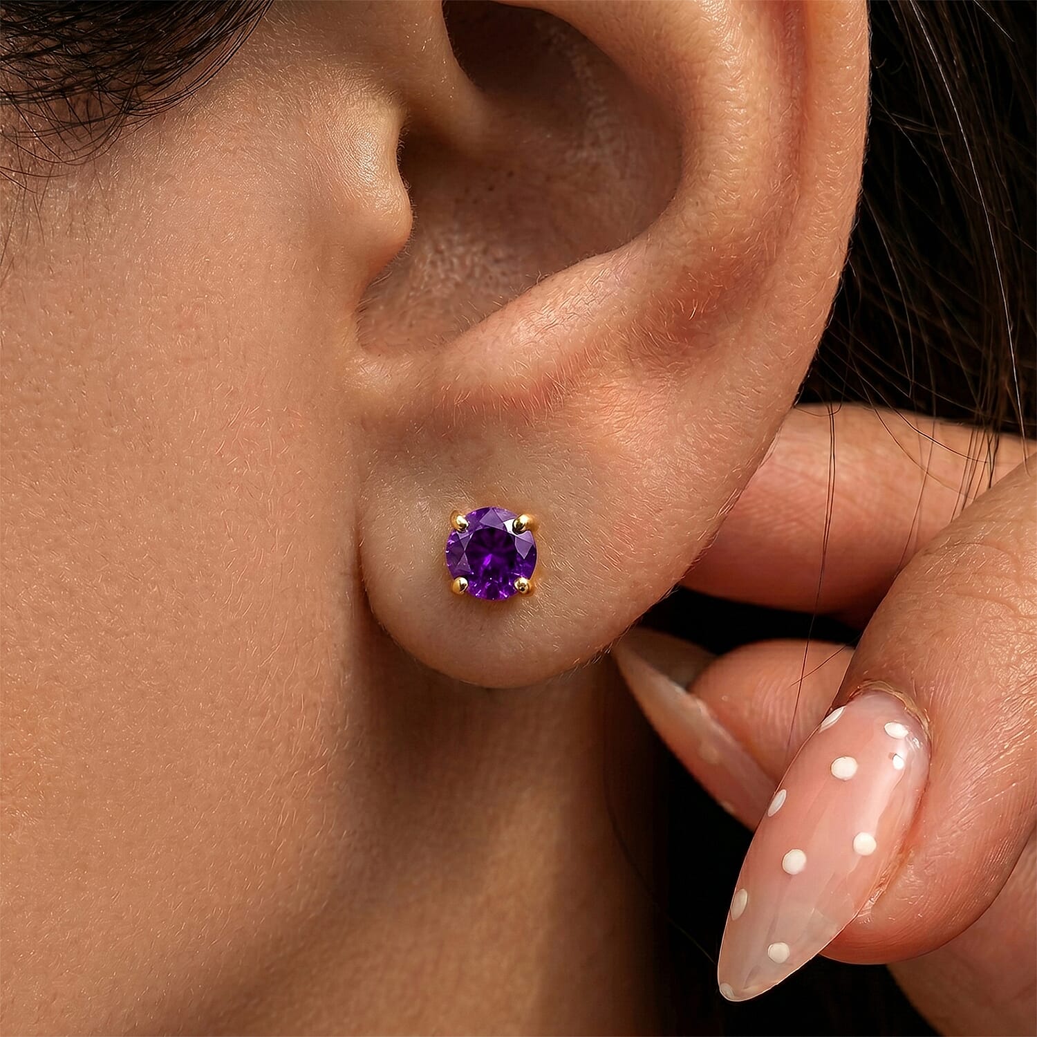 Poke Free Amethyst February Birthstone Solitaire Stud Earrings Bundle in 18K Vermeil Yellow Gold Plated & Rhodium Overlay Sterling Silver