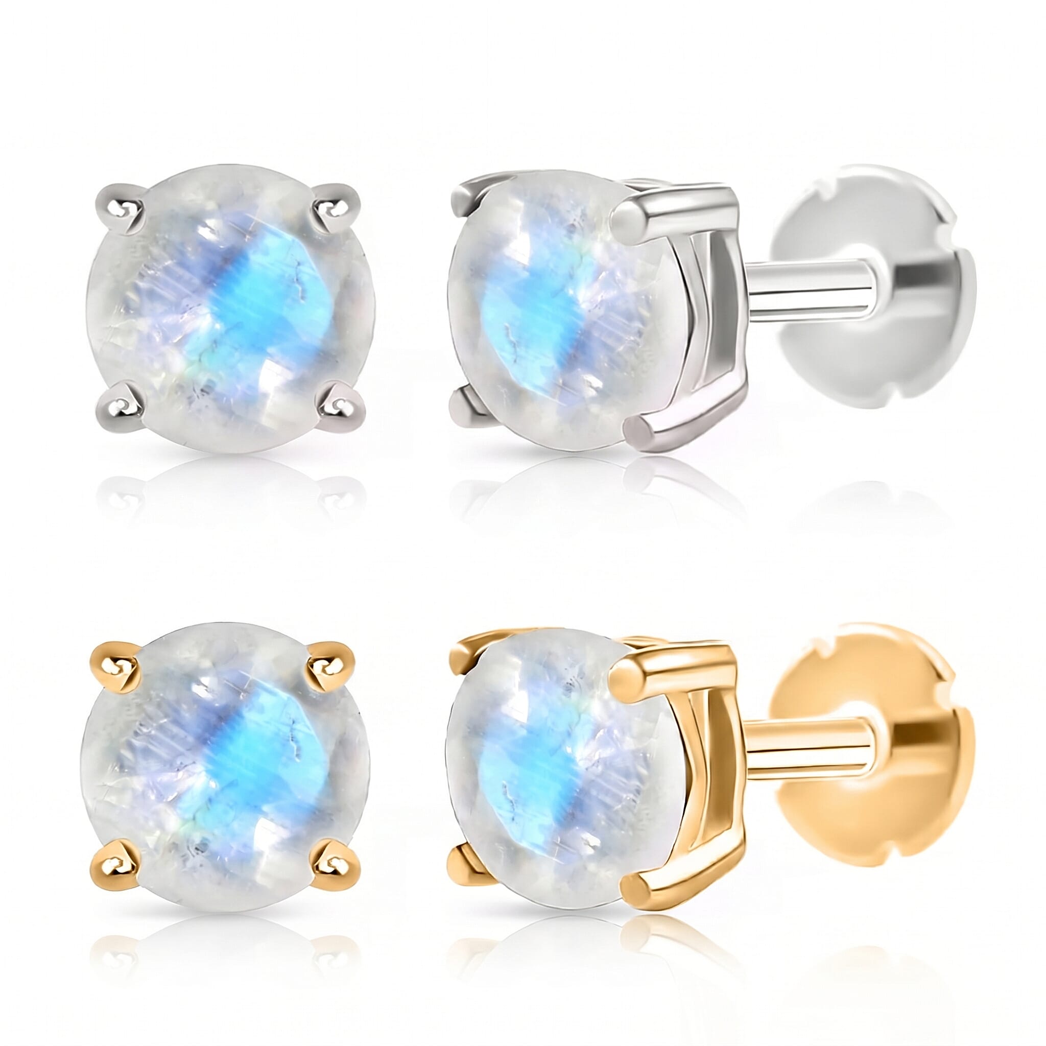Poke Free Moonstone June Birthstone Solitaire Stud Earrings Bundle in 18K Vermeil Yellow Gold Plated & Rhodium Overlay Sterling Silver