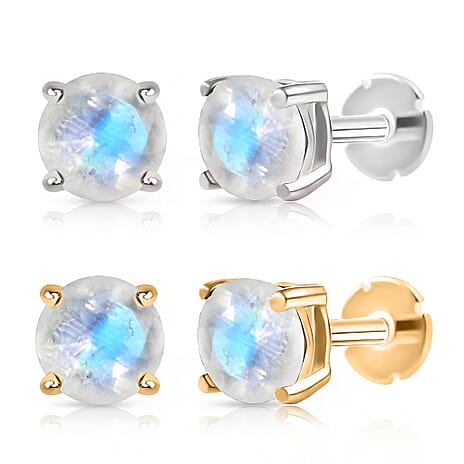 Poke Free Moonstone June Birthstone Solitaire Stud Earrings Bundle in 18K Vermeil Yellow Gold Plated & Rhodium Overlay Sterling Silver