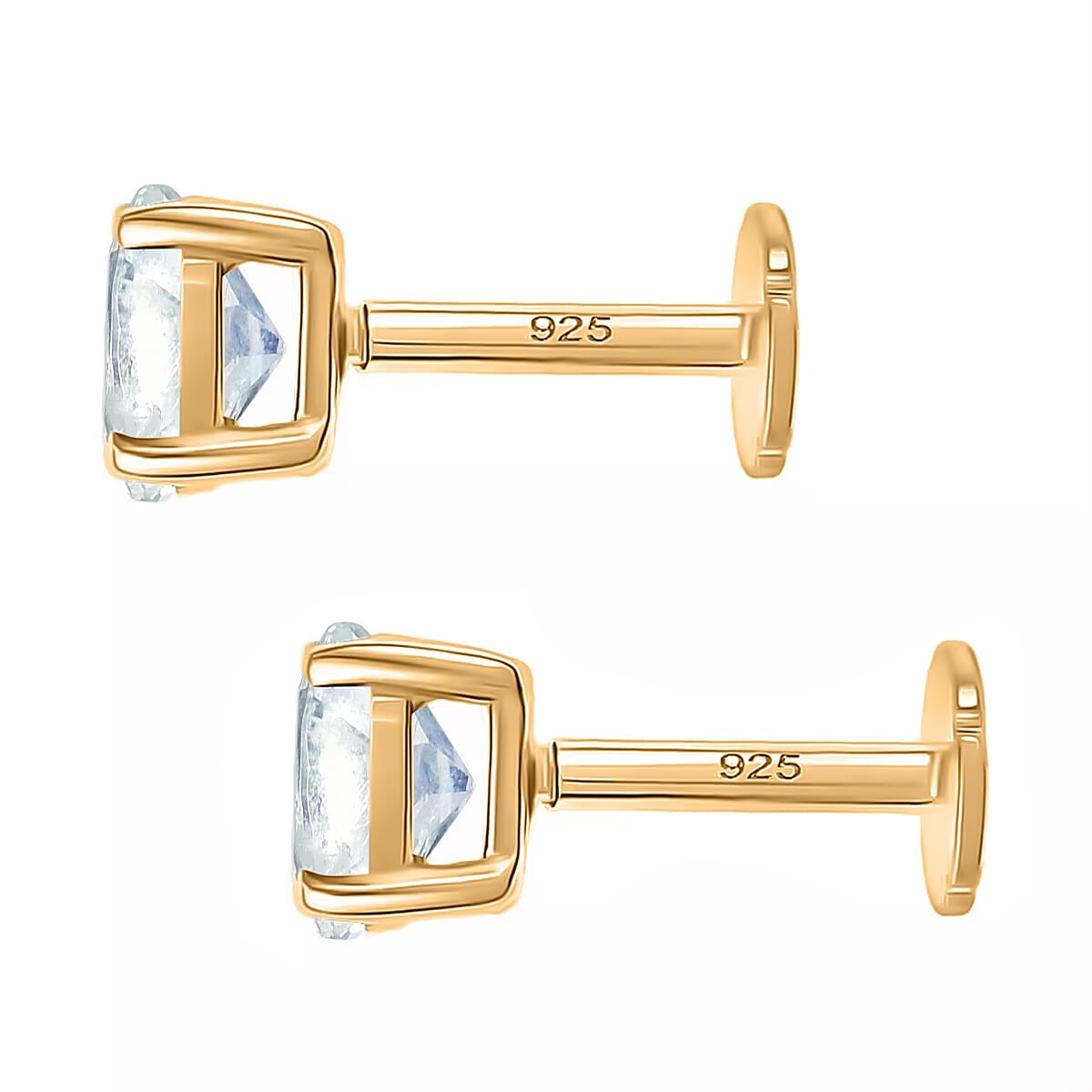 Poke Free Moonstone June Birthstone Solitaire Stud Earrings Bundle in 18K Vermeil Yellow Gold Plated & Rhodium Overlay Sterling Silver