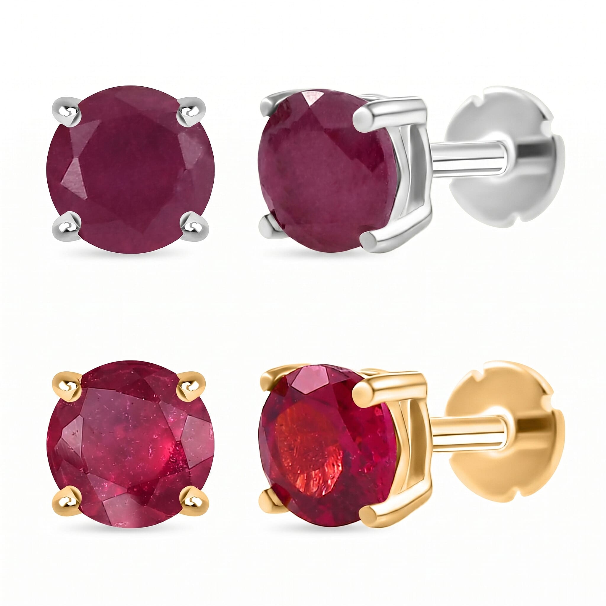 Poke Free Ruby July Birthstone Solitaire Stud Earrings Bundle in 18K Vermeil Yellow Gold Plated & Rhodium Overlay Sterling Silver