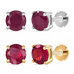 Poke Free Ruby July Birthstone Solitaire Stud Earrings Bundle in 18K Vermeil Yellow Gold Plated & Rhodium Overlay Sterling Silver