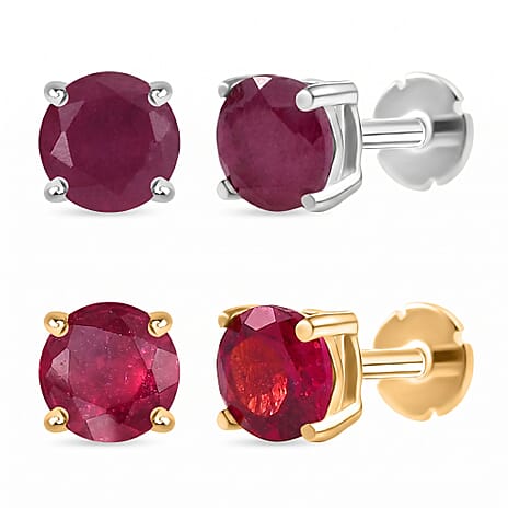 Poke Free Ruby July Birthstone Solitaire Stud Earrings Bundle in 18K Vermeil Yellow Gold Plated & Rhodium Overlay Sterling Silver