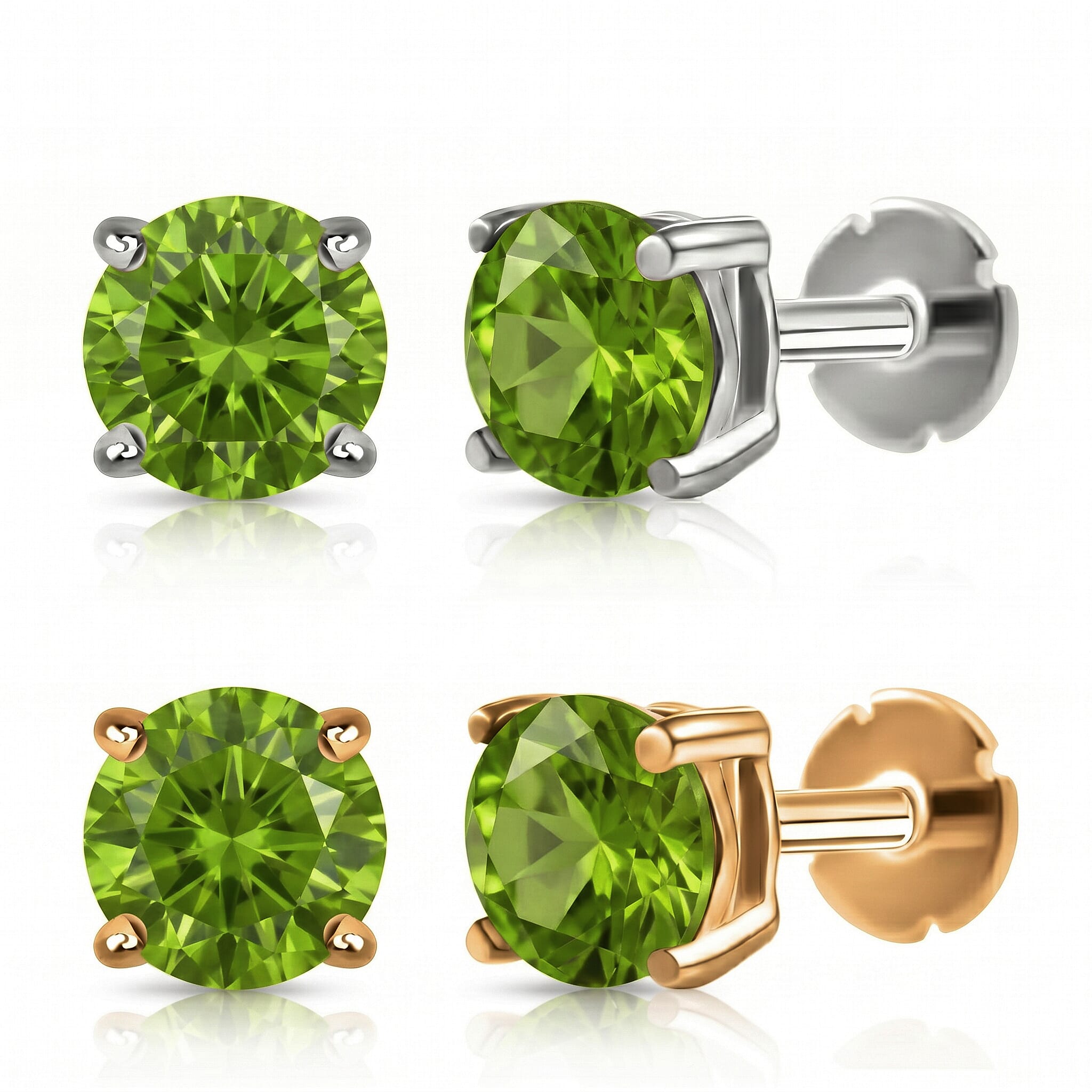 Poke Free Peridot August Birthstone Solitaire Stud Earrings Bundle in 18K Vermeil Yellow Gold Plated & Rhodium Overlay Sterling Silver