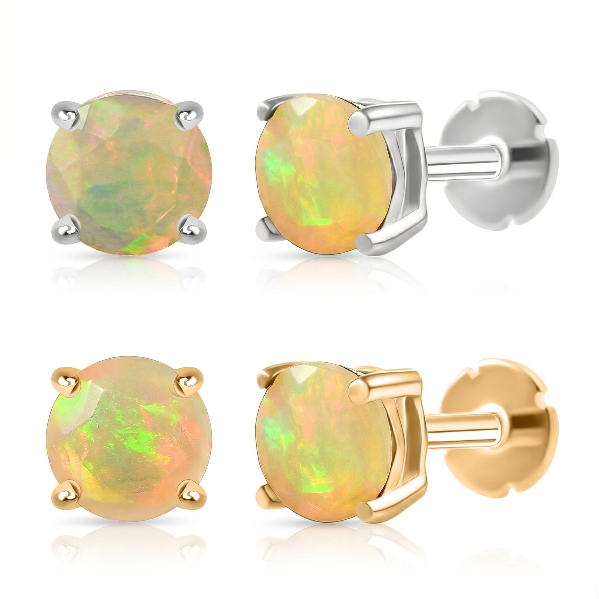 Poke Free Opal October Birthstone Solitaire Stud Earrings Bundle in 18K Vermeil Yellow Gold Plated & Rhodium Overlay Sterling Silver (5mm)