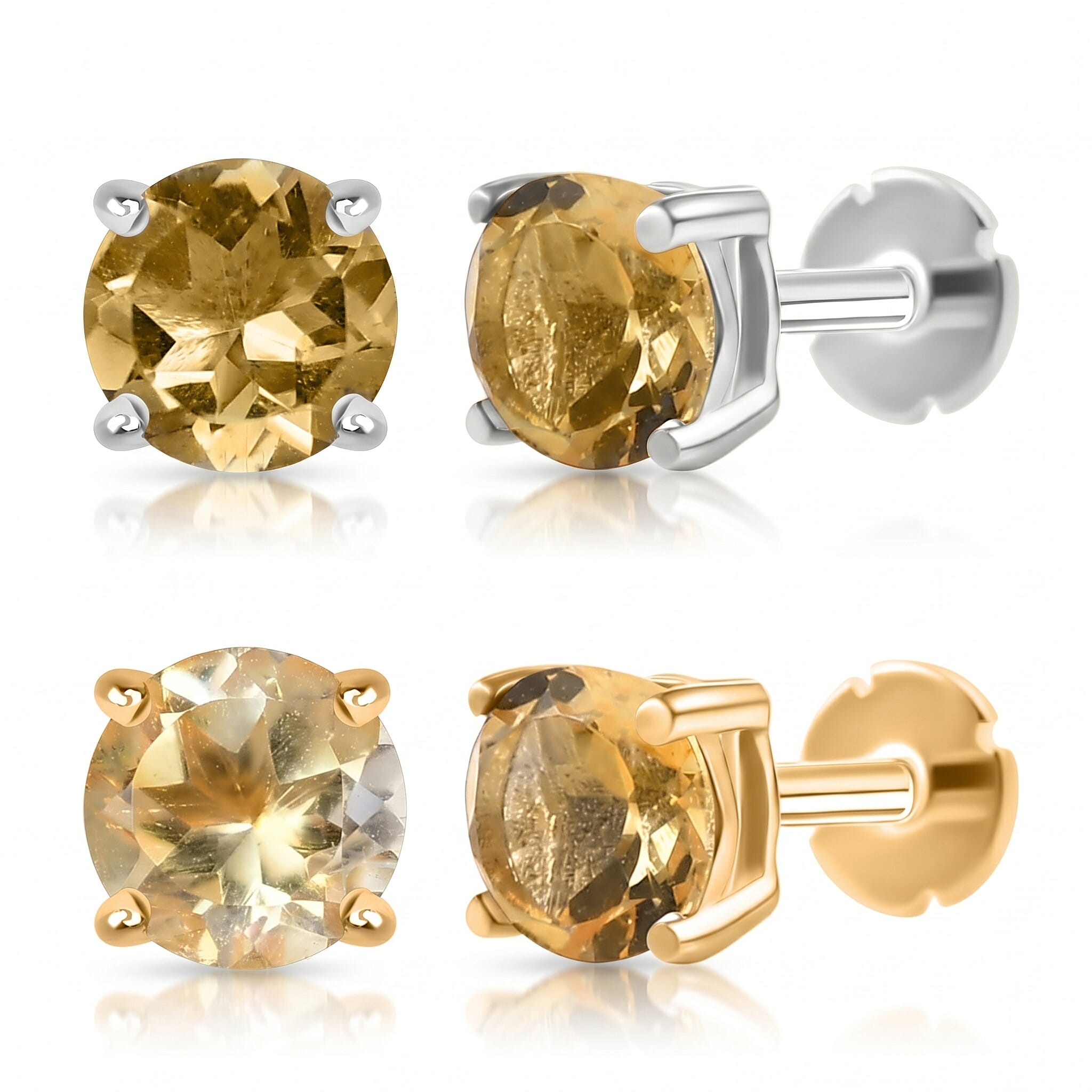 Poke Free Citrine November Birthstone Solitaire Stud Earrings Bundle in 18K Vermeil Yellow Gold Plated & Rhodium Overlay Sterling Silver