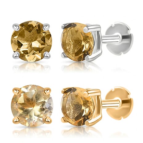 Poke Free Citrine November Birthstone Solitaire Stud Earrings Bundle in 18K Vermeil Yellow Gold Plated & Rhodium Overlay Sterling Silver