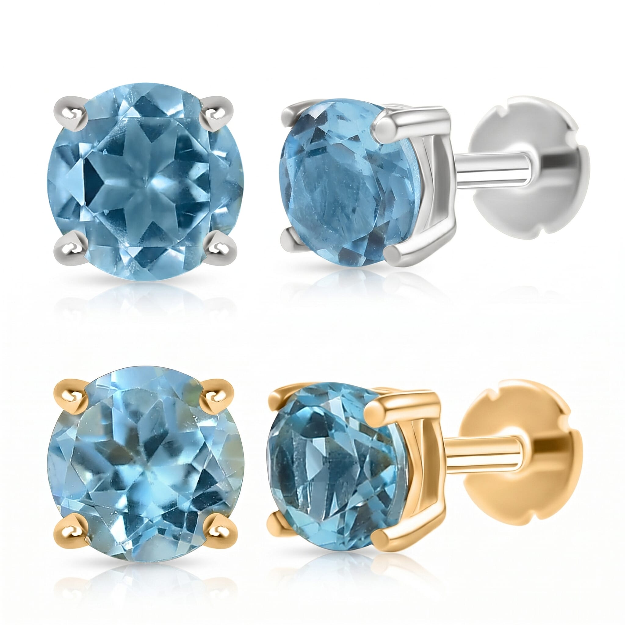 Poke Free Blue Topaz November Birthstone Solitaire Stud Earrings Bundle in 18K Vermeil Yellow Gold Plated & Rhodium Overlay Sterling Silver