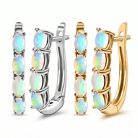 Ethiopian Welo Opal October Birthstone Hoop Earrings Bundle in Platinum Plated & Gold Plated Sterling Silver